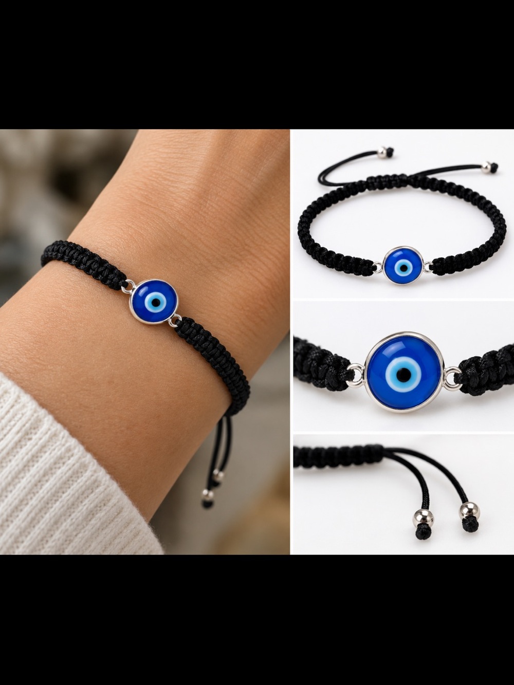 Adjustable Black Macrame with Blue Evil Eye Charm Bracelet